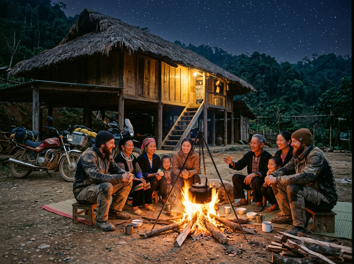 Campfire by the Traditional Stilt House