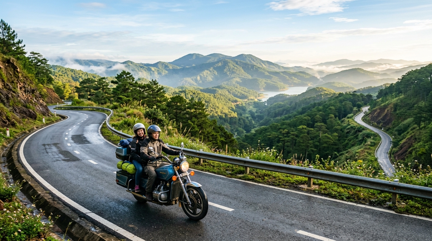 Original Easy Rider touring Vietnam Highlands on motorbike