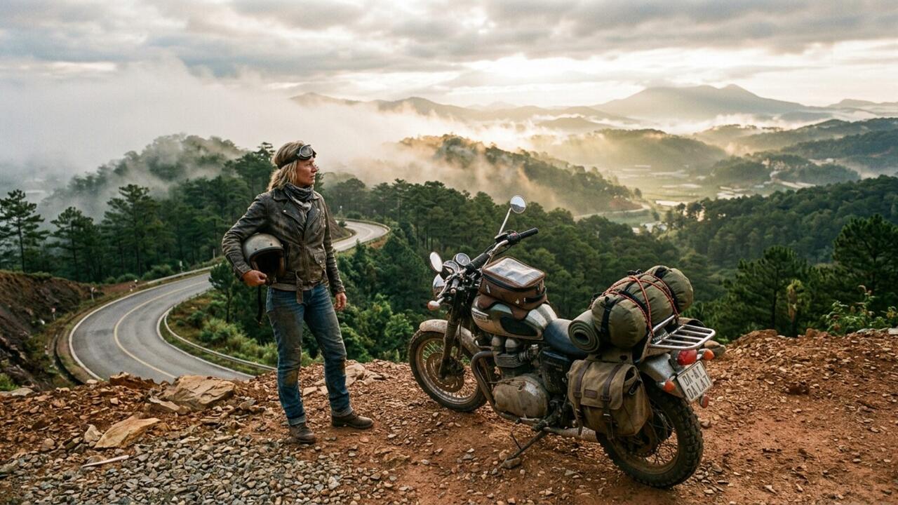 Original Easy Rider standing with loaded touring motorcycle over misty Đà Lạt pine hills