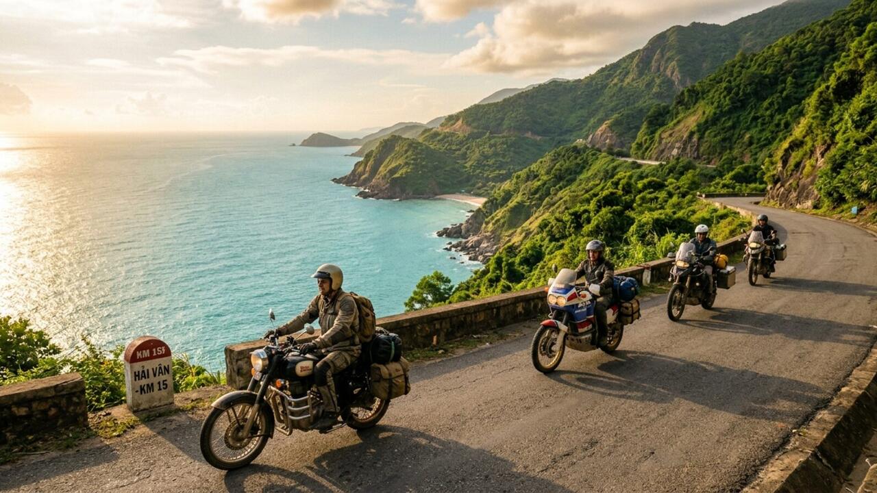 Riders touring along scenic coastal cliffs of Hải Vân Pass overlooking turquoise ocean